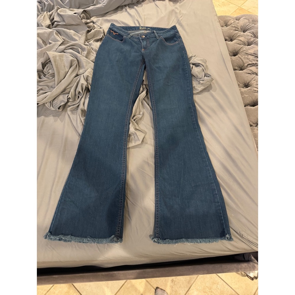 Kimes Ranch Lola Flare Leg Jeans Dark Wash Frayed Hem Western Denim 6/32 USA